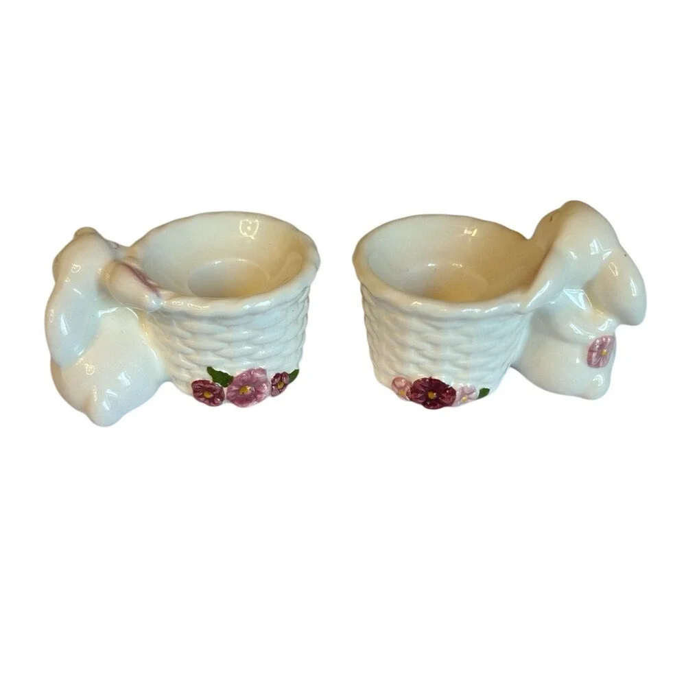 Vintage Avon 1982 Easter‎ Bunny Rabbit Ceramic Tapered Candlestick Holders 3X2